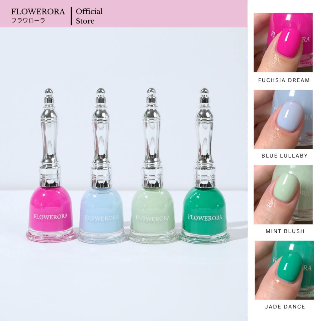 FLOWERORA (โทนสดใส) สีทาเล็บกึ่งเจล ไม่ต้องอบ ไม่มีกลิ่นฉุน ทาในห้องแอร์ได้