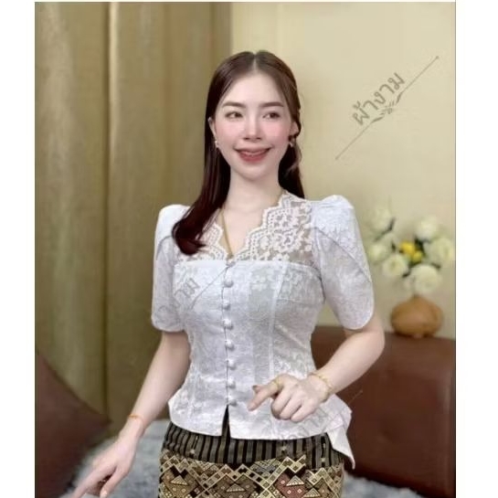 เสื้อลูกไม้อิตาลีแขนกลีบบัว เอวจีบ - รูปที่ 4