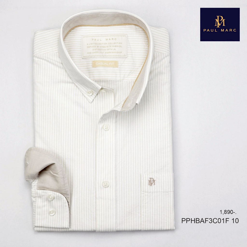 PAUL MARC เสื้อเชิ้ตแขนยาวทำงาน สไตล์เกาหลี ลายทาง สีขาว ครีม ผ้าoxford ผ้านุ่ม ใส่สบาย PPHBAF3C01F