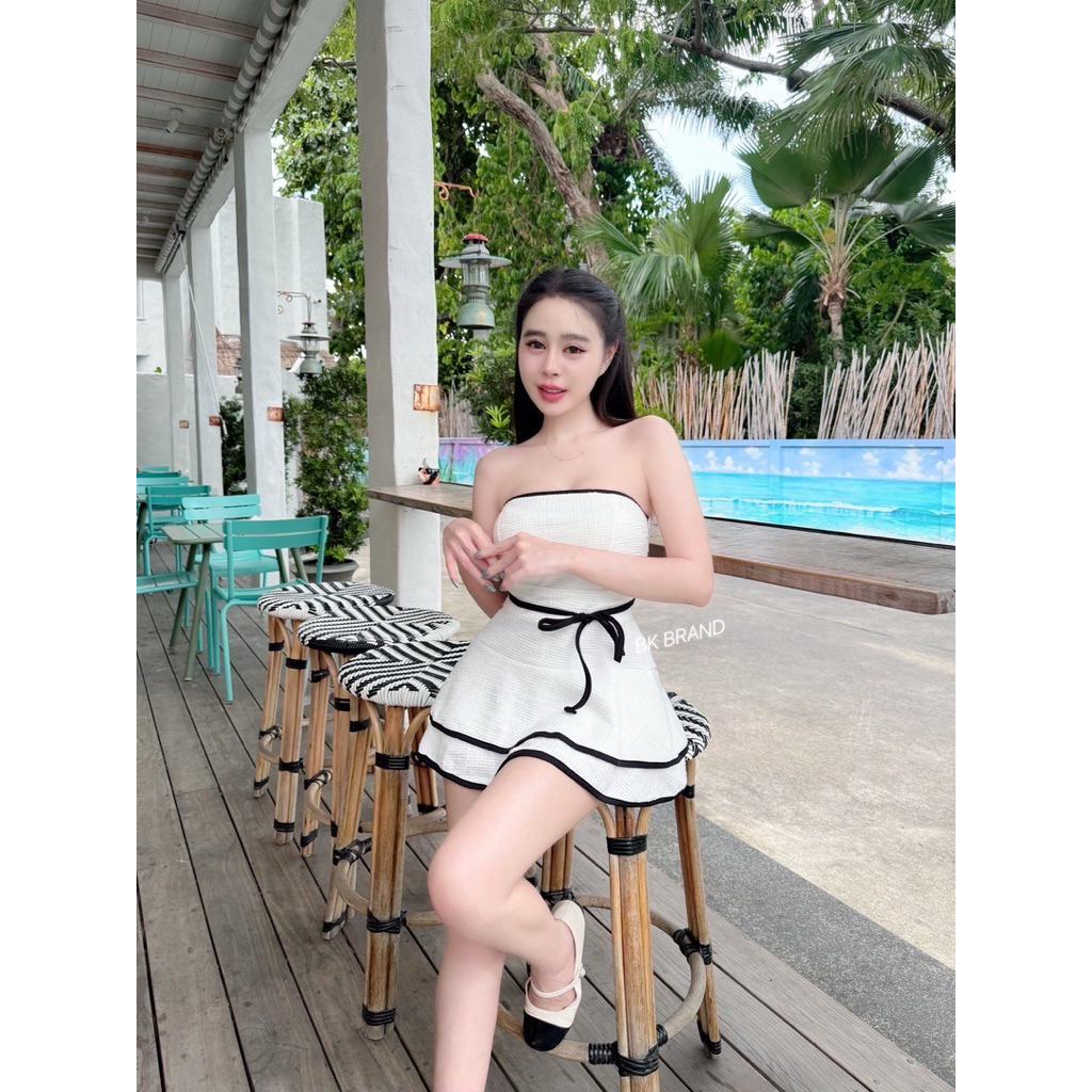 🍭🌷งานเซตเกาะอกผ้าชาแนล 🌷🍭  🏷️BK BRAND   🌟🌷งานเซตเกาะอกแต่งกุ้นสม็อคหลัง งานเสริมฟองน้ำ กระโปรงชั้นแต่งกุ้นเชือกผู - รูปที่ 2