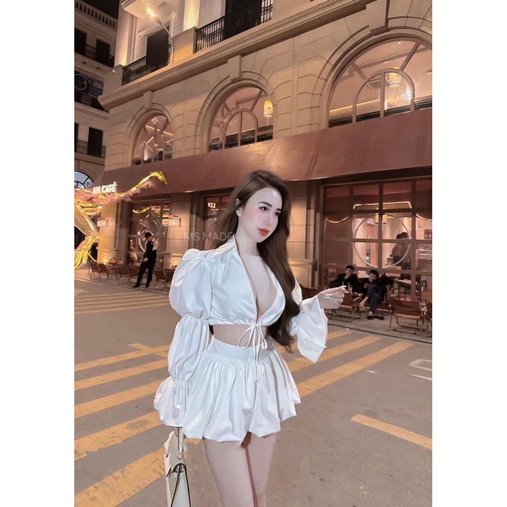 มินิ Set ผูกโบว์ที่อกดีไซน์เริ่ด มาพร้อมกระโปรงทรงบอลลูน พร้อมส่ง