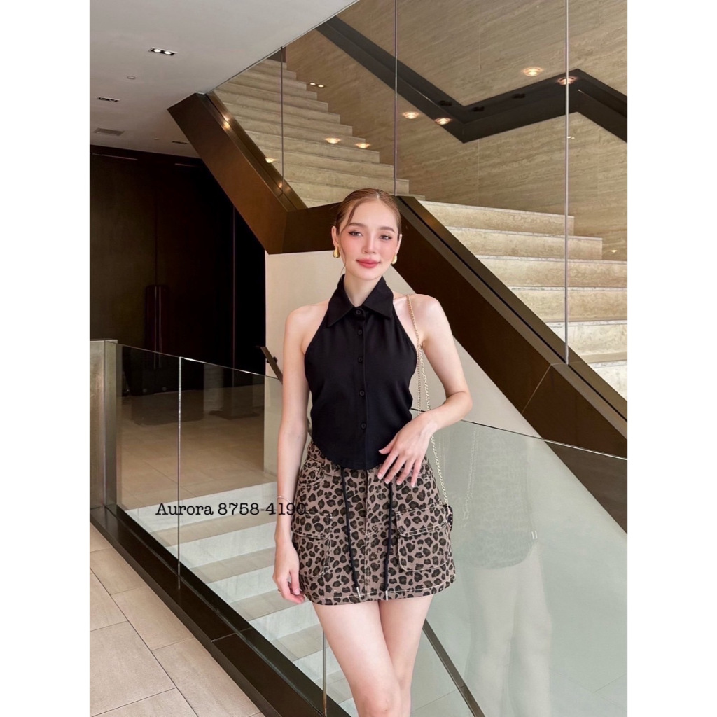 8758-4190 AURORA BRAND Set 3 pcs เสื้อสีดำคล้องคอ คอปก + กระโปรงเดนิม + กระเป๋า [2PM]