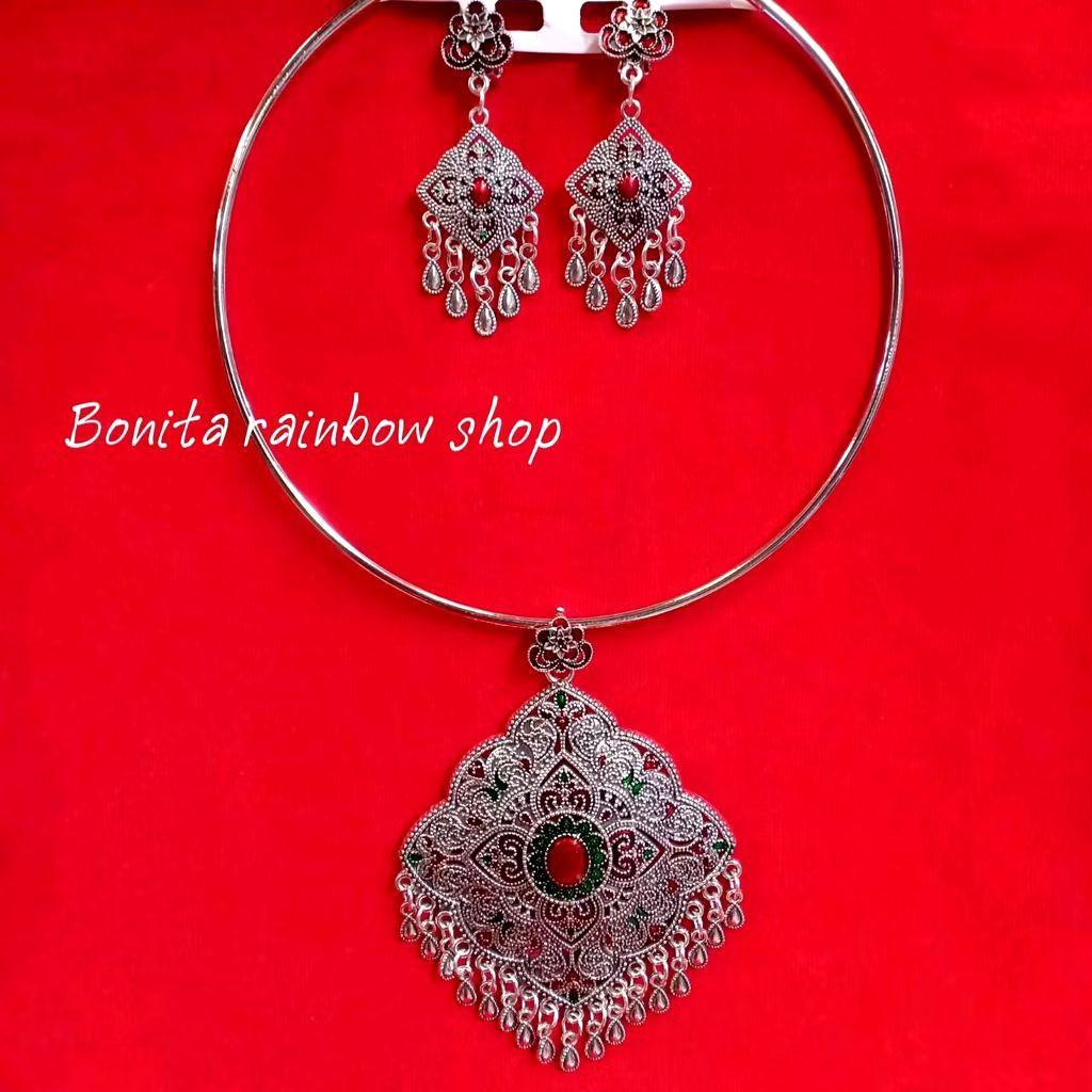 สร้อยคอพร้อมต่างหูแบบห่วง เครื่องประดับชุดไทย สีรมดำลงยา WW007