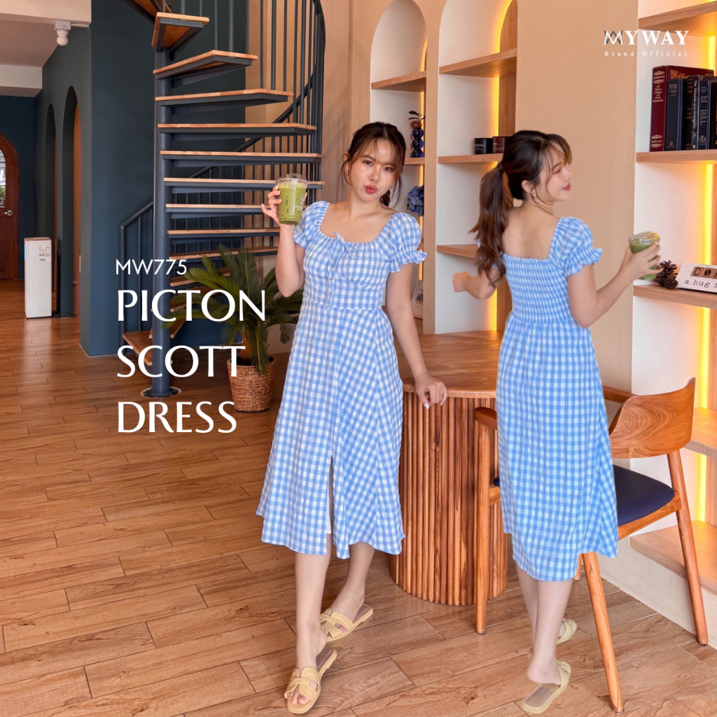 MyWay Brand : Dress - Picton Scott เดรสสีฟ้า ลายสก็อต ชุดออกงาน