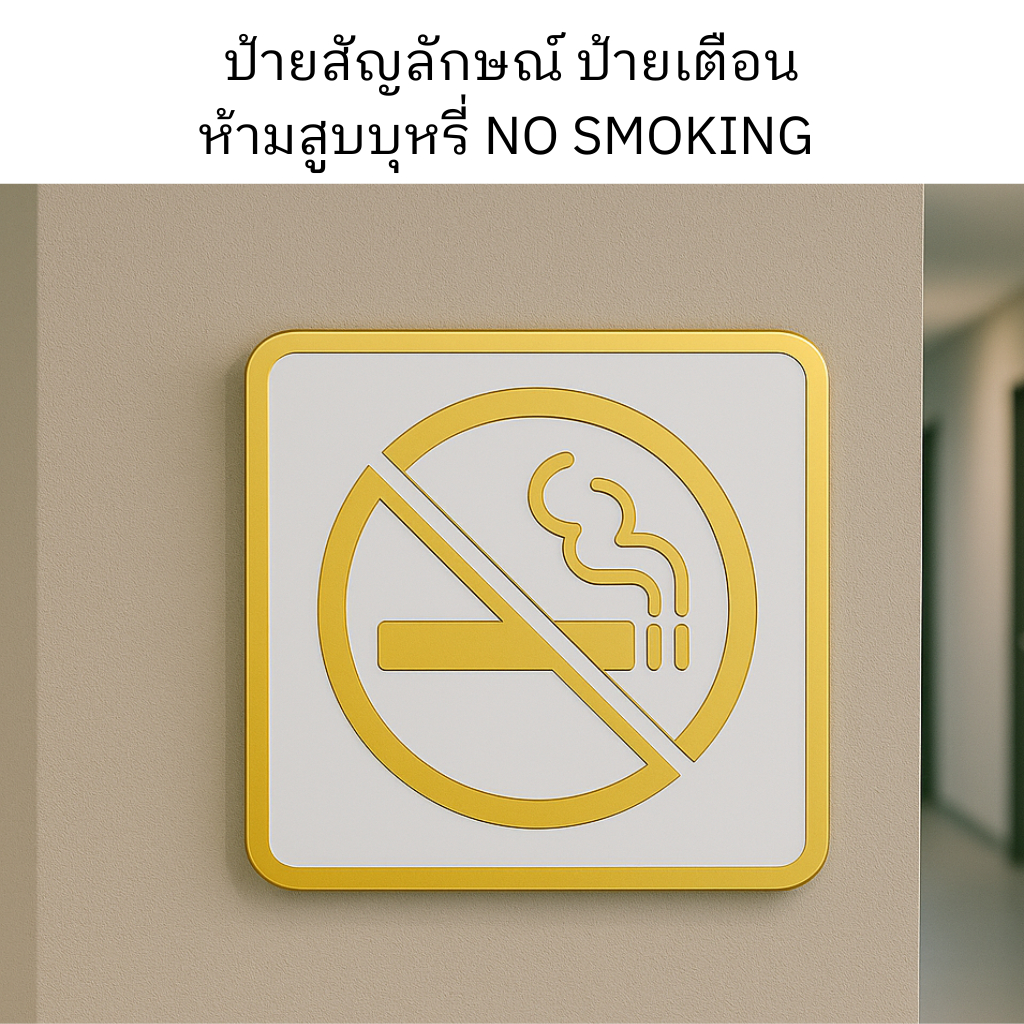 ป้ายเตือน ห้ามสูบบุหรี่ อะคริลิคสีทอง ป้าย NO SMOKING ติดผนัง ร้าน คาเฟ่ โรงแรม กันน้ำ ทนทาน