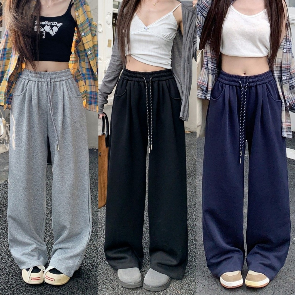 Blossom Closet🥝กางเกงลำลองเกาหลี กางเกงเอวสูงผู้หญิง เชือกผูก ทรงหลวม ผ้าคุณภาพดี ใช้งานได้หลากหลาย