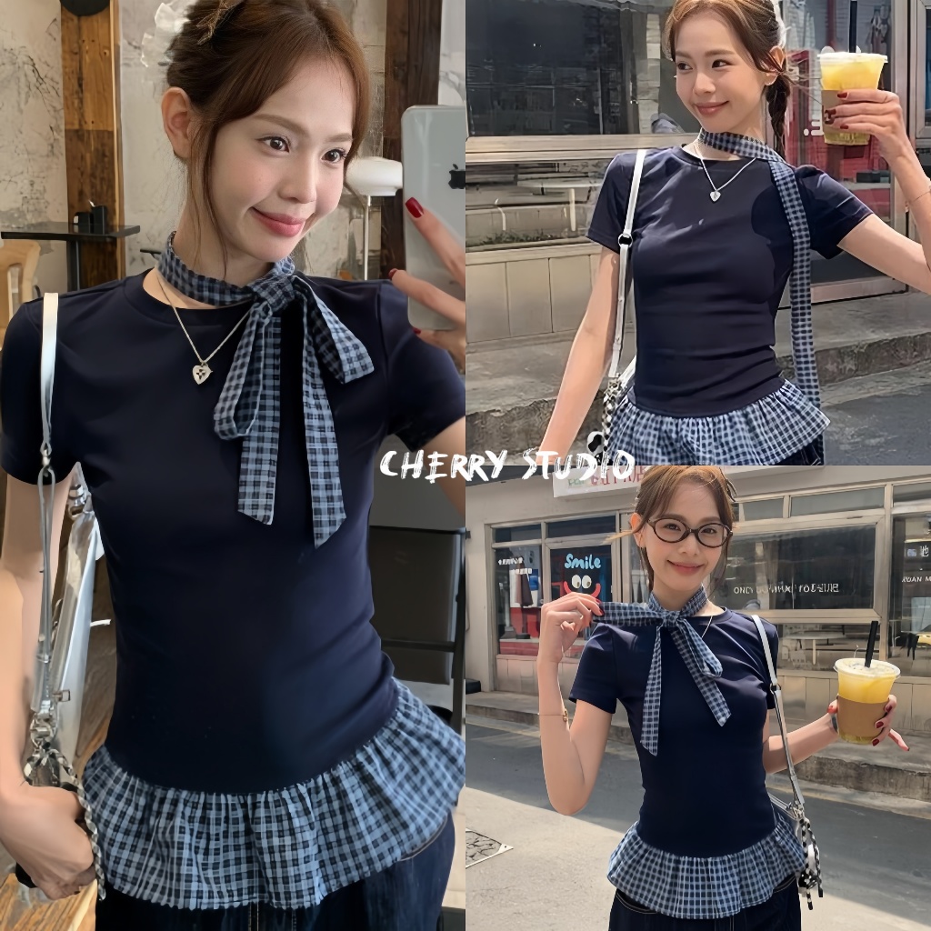 Cherry พร้อมส่ง 💙เสื้อยืนแขนสั้นสีนำ้เงิน ผ้าเรยอนดีเทลเย็บชายระบายสายสก๊อตแถมโช้คเกอรสไตล์เกาหลีสำหรับผู้หญิง CropTop