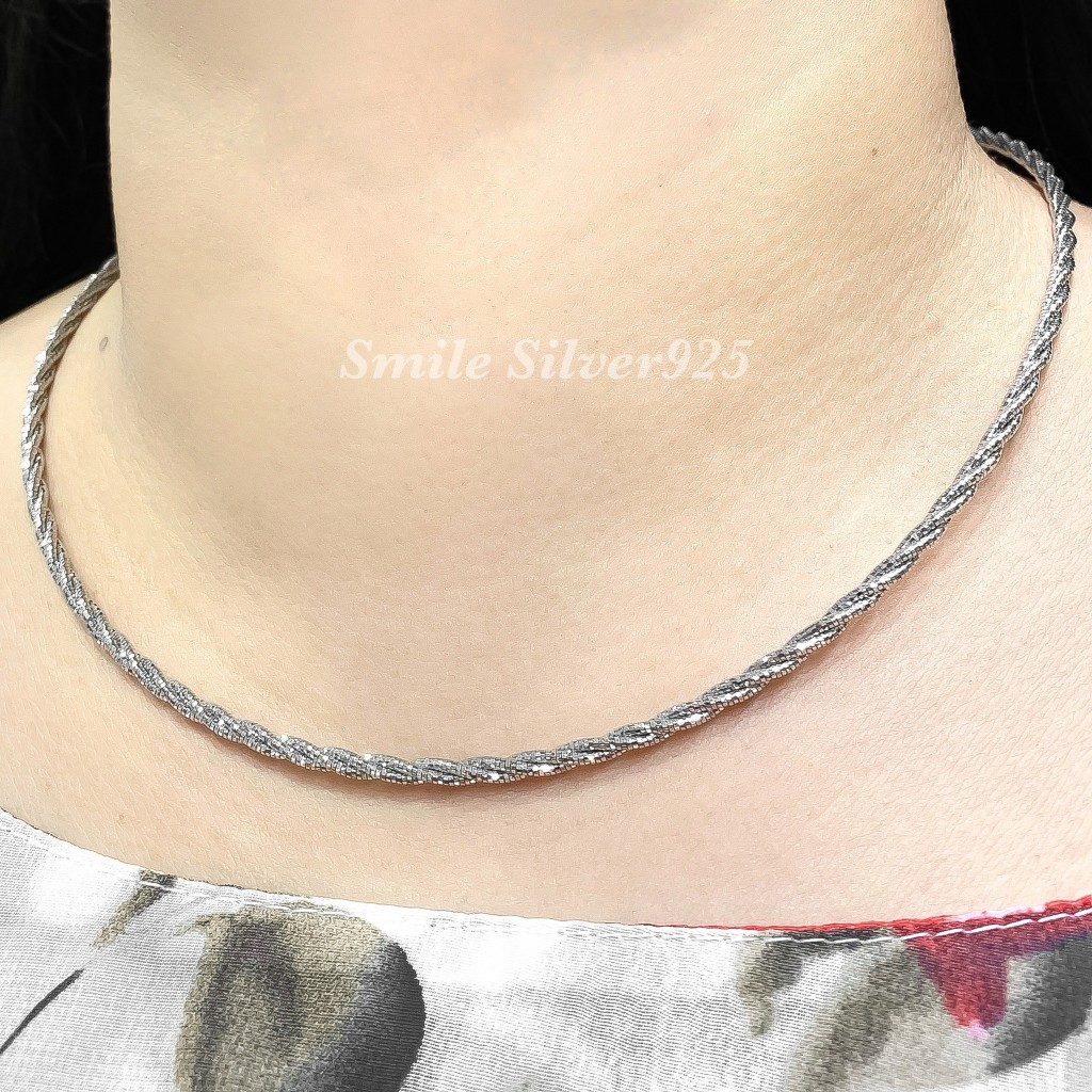 ช16 โช๊คเกอร์ ลาย3เกลียว 2.8mm. เงินแท้92.5% Italy ชุบทองคำขาว
