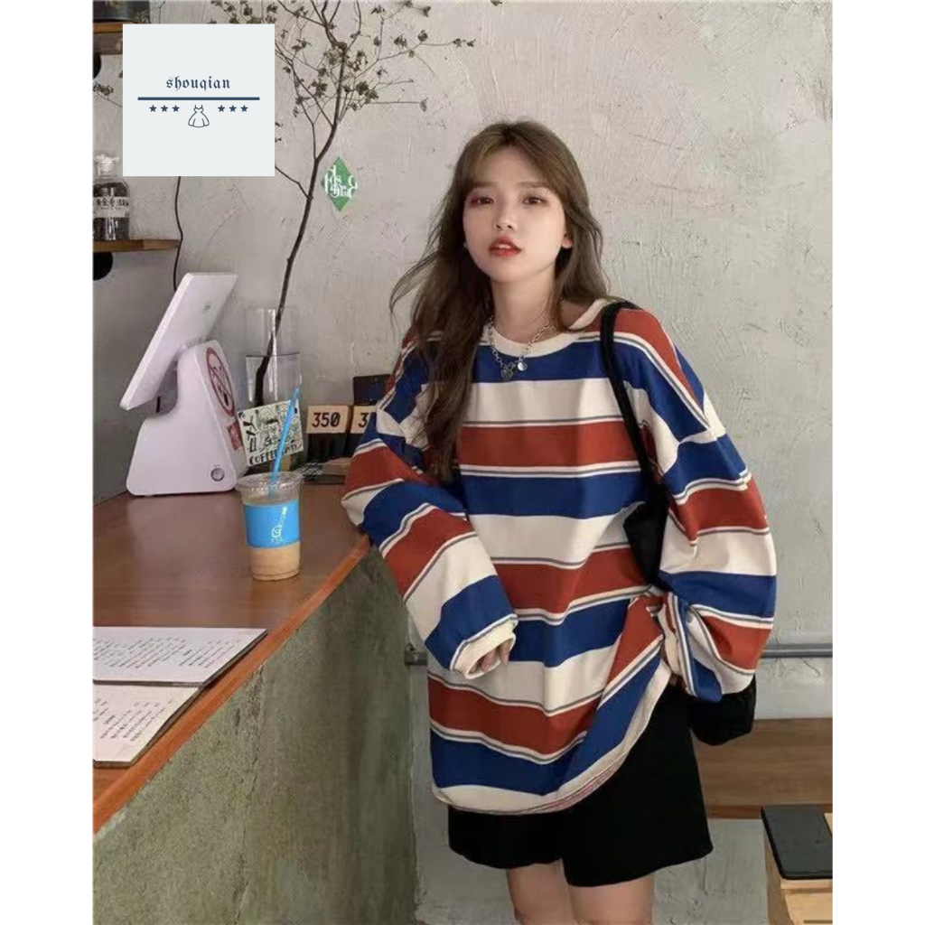 พร้อมส่งในไทย เสื้อแขนยาวลายทางผ้าโพลี ทรงเกาหลี Y150
