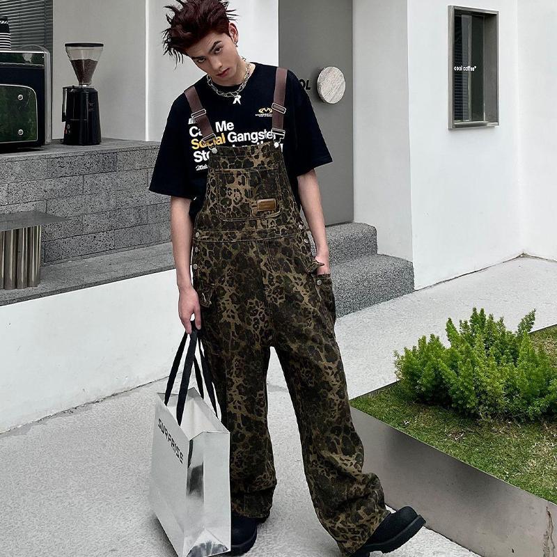 Loma Wear-กางเกงยีนส์เอี๊ยมลายเสือดาวทรงหลวมแฟชั่นผู้ชาย Oversized Leopard Denim Overalls Streetwear เท่ไม่ซ้ำใคร