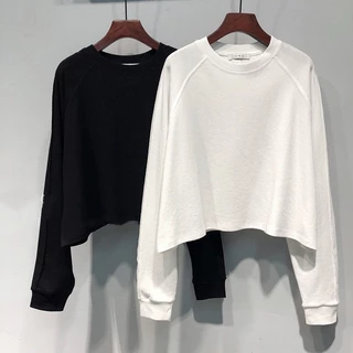 เสื้อครอปแขนยาวไซส์ใหญ่ สีพื้น oversize เสื้อผ้าสาวอวบมินิมอลทรงหลวมสไตล์เกาหลี เสื้อยืดสวยผู้หญิงแฟชั่นญี่ปุ่นมาใหม่