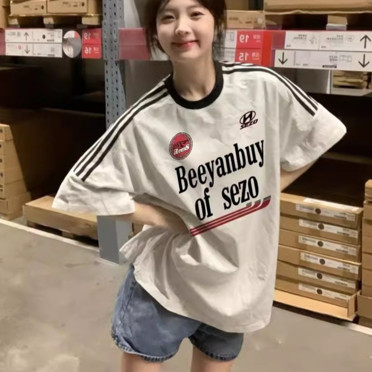 VILAUP M-2XL ฝ้าย เสื้อยืด ลายทาง เสื้อสาวอวบ คอกลม เสื้อ oversize เกาหลี แขนสั้น ผู้หญิง
