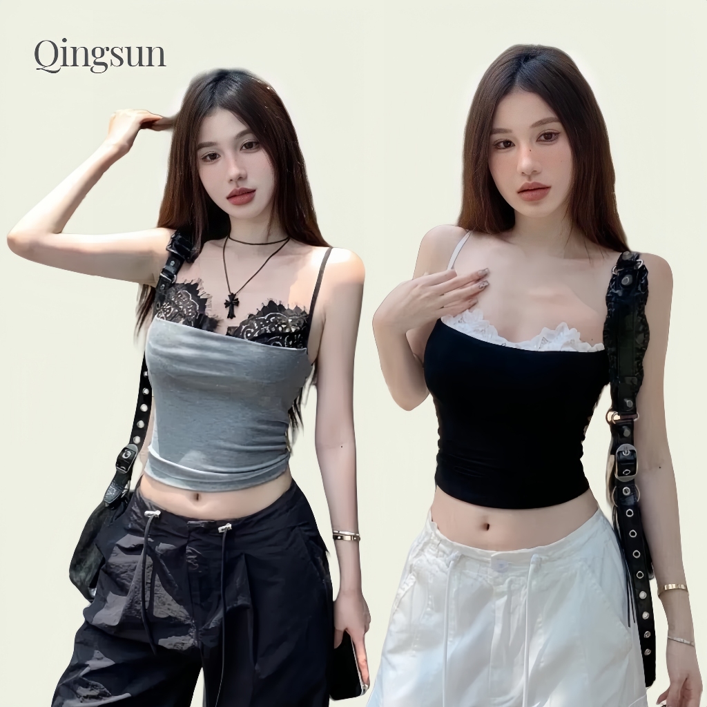 ผ้าใส่สบาย เข้ารูป  เสื้อสายเดี่ยวไหมพรม มีฟองน้ำ ใส่ง่าย แต่งลูกไม้ สีทรูโทน "11576" 🌻Qingsun