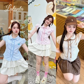 🇹🇭มีส่งด่วน🇹🇭 เสื้อลายจุด คอบัว ผ้าครัช #FF147
