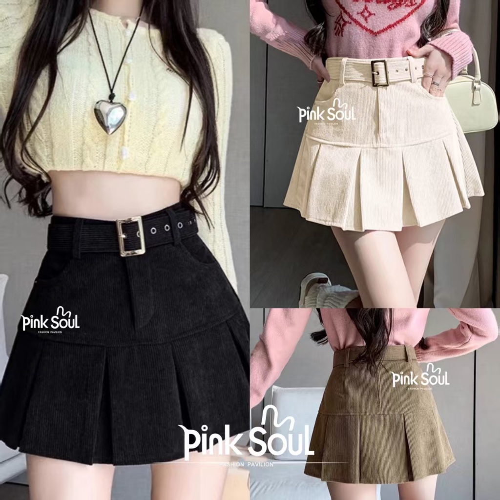 พร้อมส่ง กระโปรงเทนนิส ผ้าลูกฟูก แถมเข็มขัด มีซับใน แฟชั่นสไตล์สาวเกาหลี Clothing Women