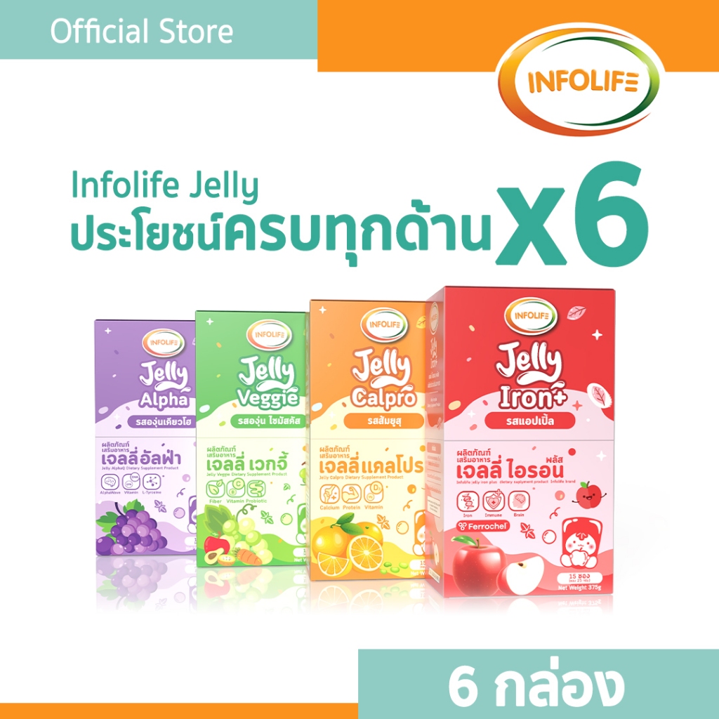 (6กล่อง)อินโฟว์ไลฟ เจลลี่ไอรอน+เจลลี่เวกจี้+ เจลลี่แคลโปร + เจลลี่อัลฟ่า รสชาติอร่อย ทานง่าย  สำหรับเด็ก ส่งฟรี