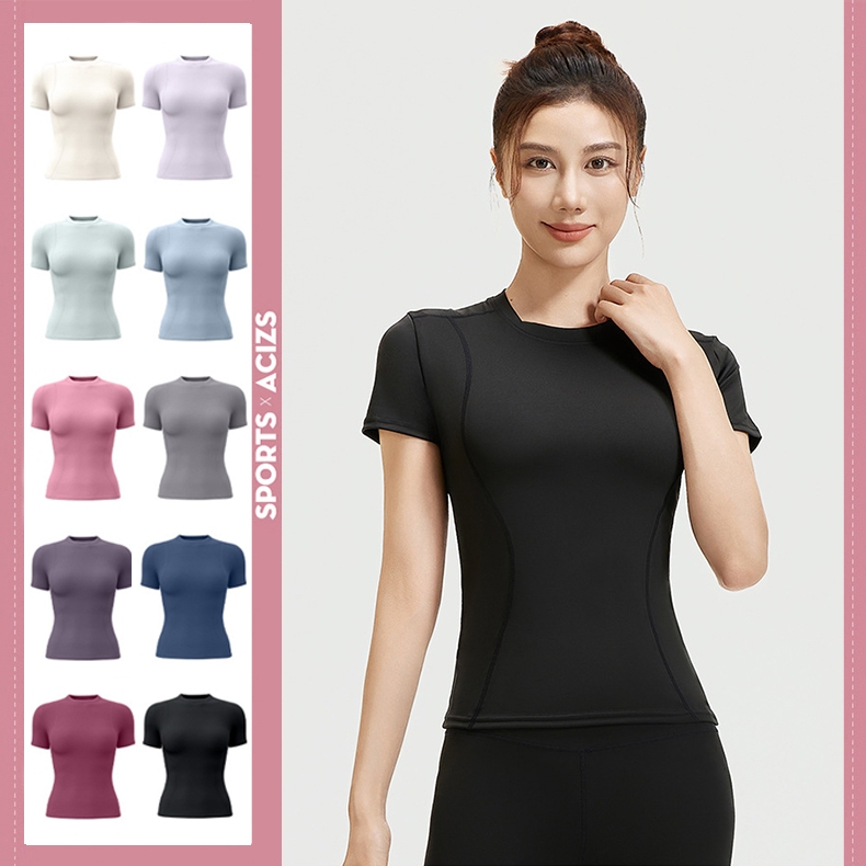 mvp sport เสื้อกีฬาผู้หญิง คอกลมแขนสั้นสีทึบ เสื้อยืดกีฬา