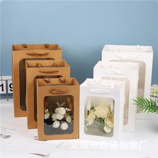ถุงของขวัญหน้าต่างใส พรีเมียม สำหรับห่อตุ๊กตา/ช่อดอกไม้ ถุงแพ็คเกจกระดาษทนแรง งานเทศกาล งานแฮนด์เมด