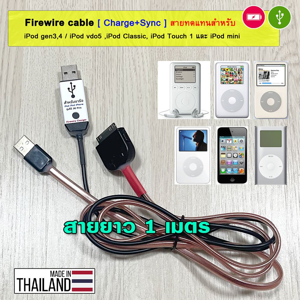 สาย Firewire ทดแทน สำหรับชาร์จ+ซิ้งค์ iPod Gen3, 4, Classic, Touch1 ใช้ USB แทนช่อง Firewire