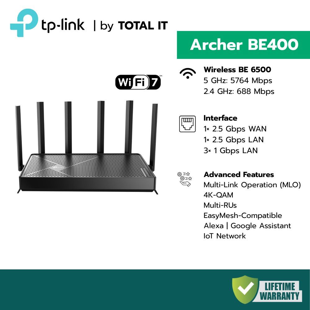 TP-Link Archer BE400 เราเตอร์ Wi-Fi 7 ความเร็วสูง BE6500 พอร์ต 2.5Gbps ประกันศูนย์