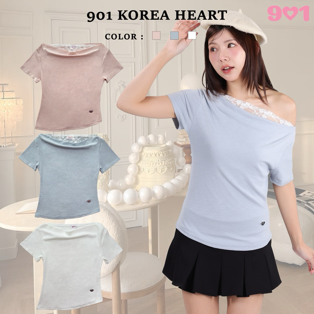 901 Top-07 : Korea Heart เสื้อคอถ่วงแขนสั้น แต่งดีเทลลูกไม้ ปักอะไหล่หัวใจ 901 เสื้อปาดไหล่