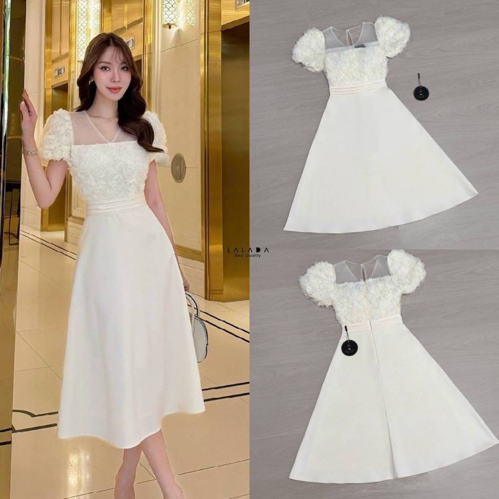 LALADA DRESS-*สีครีม แต่งดอกไม้3Dกระโปรงบานสวยพริ้วงานซิบหลัง(*สอบถามสต๊อกก่อนกดสั่งน๊า)