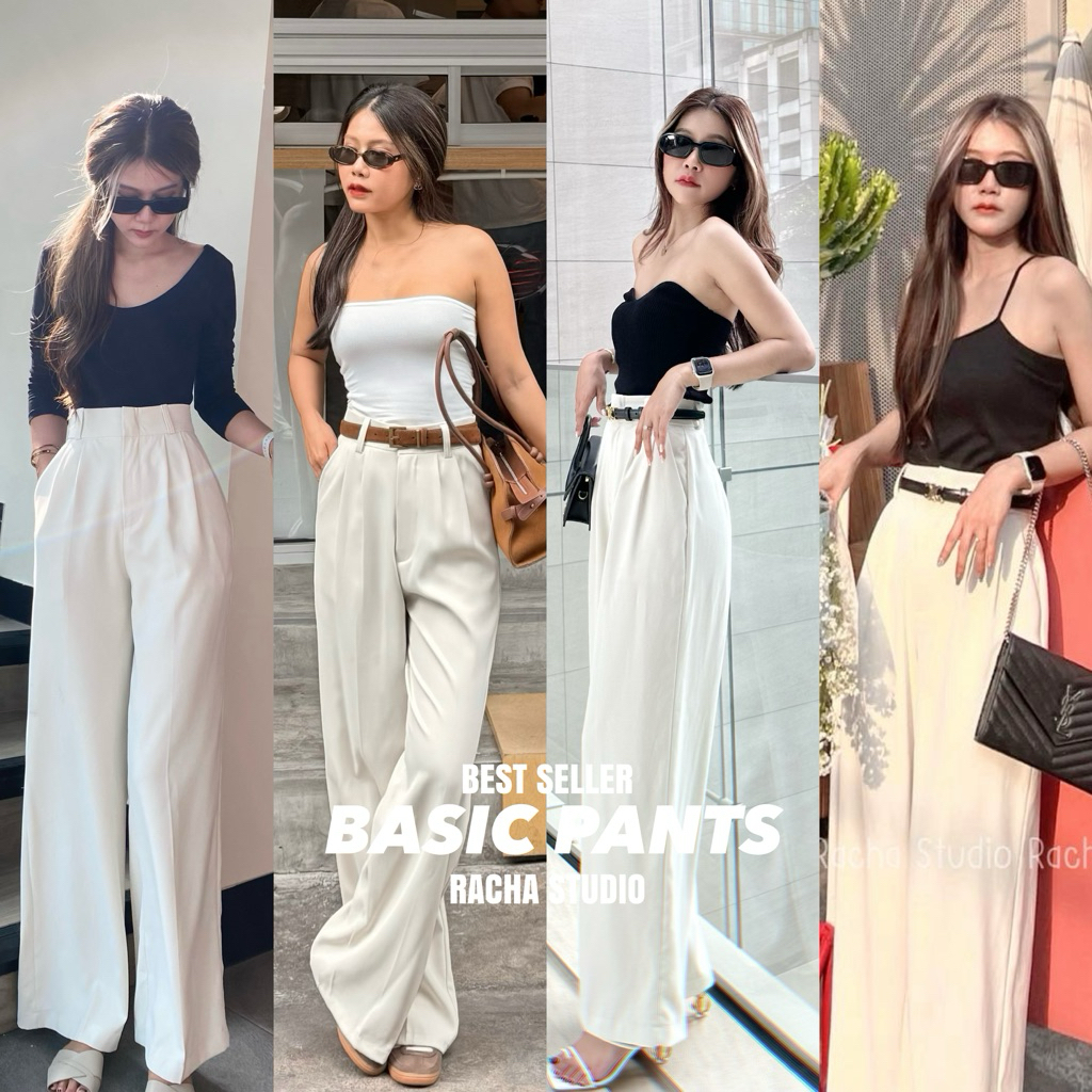 BASIC PANTS08:(Best Seller)ผ้าพริ้วทิ้งตัวทรงพรางหุ่นกางเกงเอวสูงขากระบอกใหญ่เหมาะสำหรับสาวเอวเล็กสะโพกใหญ่(S-3XL)ยาว41“