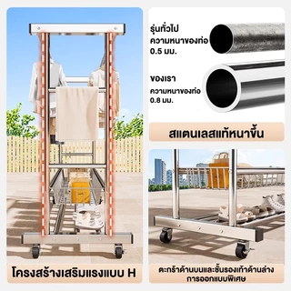 SPACEMADER ราวตากผ้าล้อเลื่อน ราวคู่ท่อเหลี่ยม แข็งแรง จุผ้าได้เยอะ มีตะกร้าให้เลือก 120/150/180 ซม.