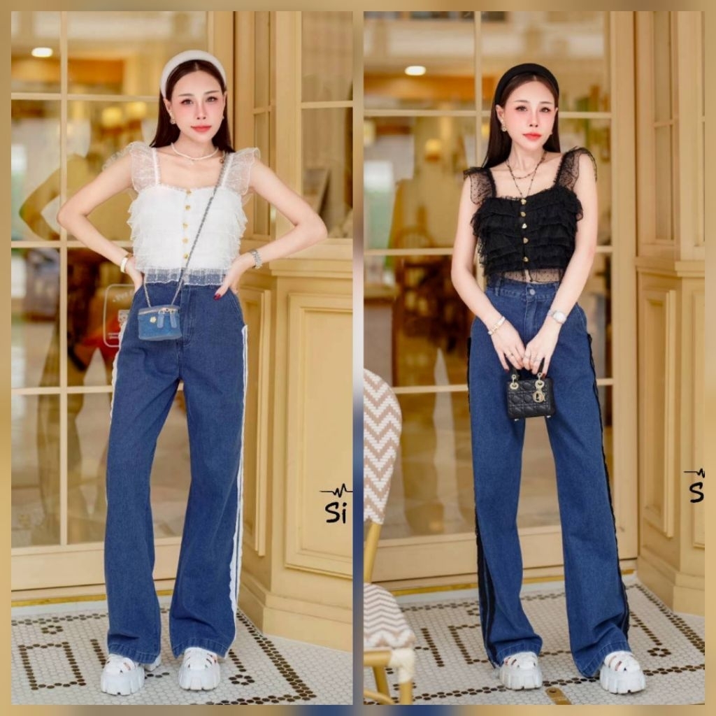 226💘ดำมีS,M,XL,2xl💘ขาวมีS,M,L,2xl,3xl,4xl[ปกติ]เซตกางเกงขายาวเสื้อลูกไม้ผ้ามุ้งขนมชั้น