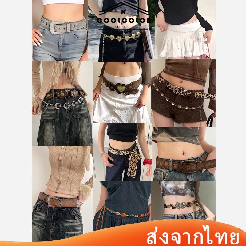 ในไทย💖เข็มขัดหนัง PU ประดับเพชรเทียม Y2Kสาวฮอตวินเทจ แฟชั่นลําลอง เข็มขัดอเนกประสงค์สําหรับกางเกงยีนส์