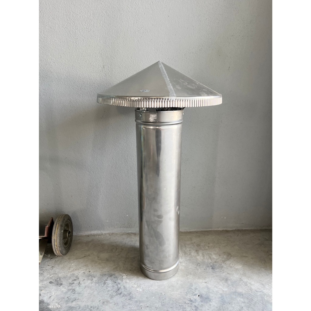 หมวกกันฝนสังกะสี ขนาด 3 / 4 / 5 / 6 / 8 / 10 / 12 นิ้ว หนา 0.55 mm. พร้อมท่อยาวรวม 60cm.ปล่องระบายควัน หมวกจีนสังกะสี