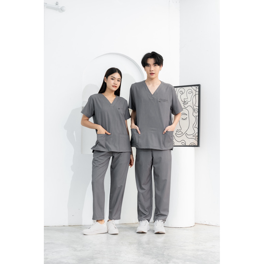 HOURS.Scrub l First Hours Collection l ชุดสครับคอวี Unisex สี Chacoal Grey
