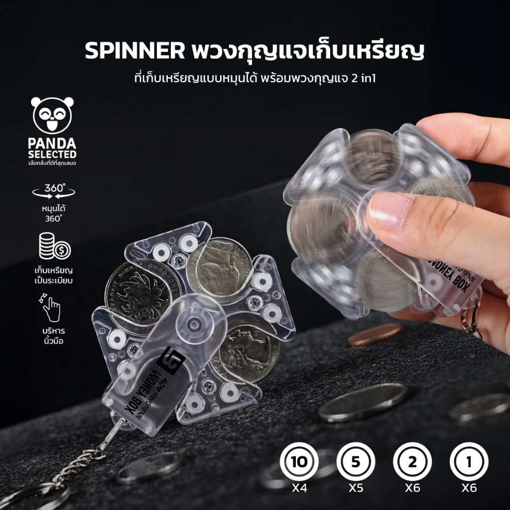 PANDA กล่องใส่เหรียญ หมุนเล่นได้ แบบฟิดเจ็ตสปินเนอร์ หยิบใช้งานสะดวก ห้อยกระเป๋าได้ พกพาสะดวก