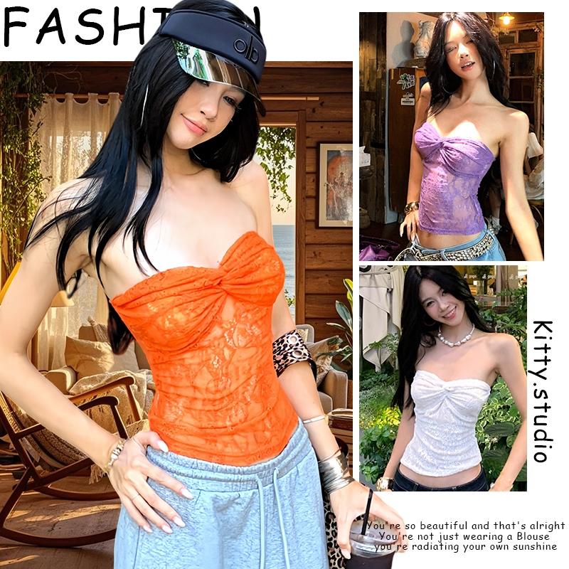 Kitty  พร้อมส่ง🌸เสื้อเกาะอก ปาดไหล่เสื้อครอป ซีทรู เสื้อแขนกุด ทรงเข้ารูป คุณหนู สไตล์เวียดนาม สามมิติ เซ็กซี่ผู้หญิง