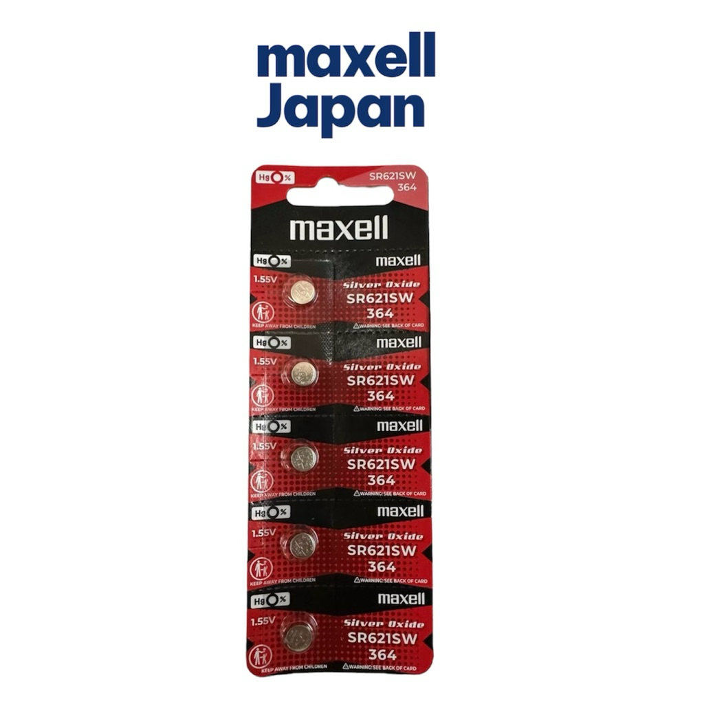 ถ่านนาฬิกา ถ่านกระดุม Maxell SR621SW(364) Silver Oxide Battery (1.55V) Made in Japan ของแท้ แผงละ 5 