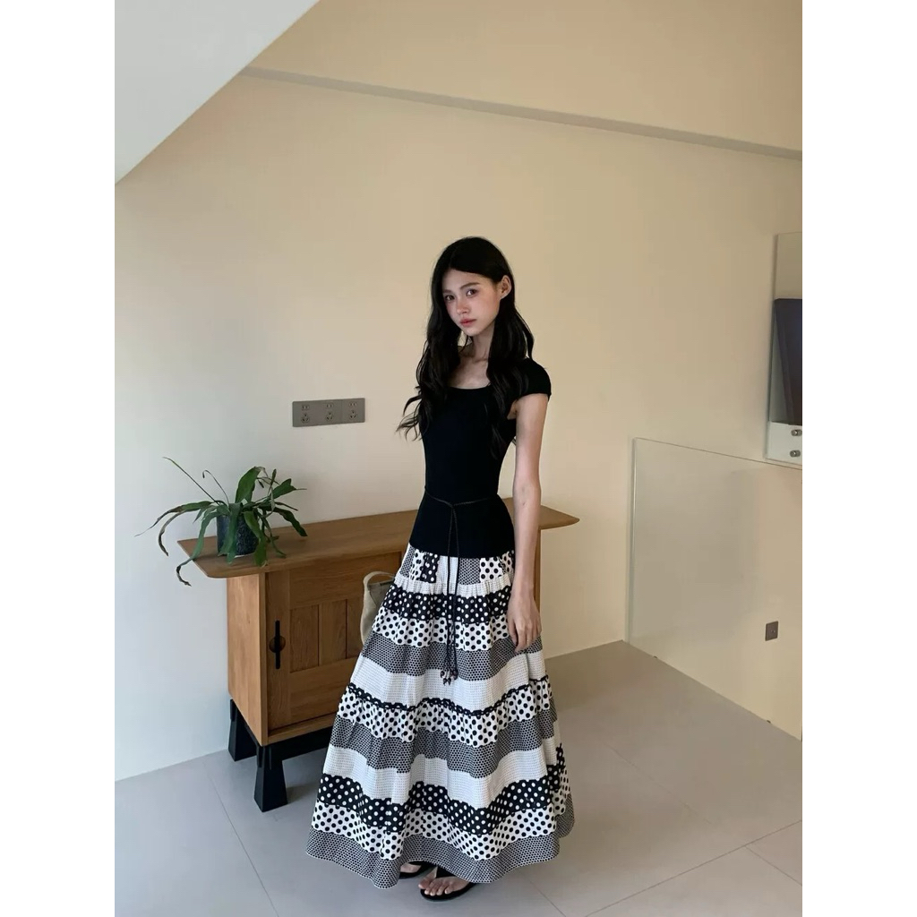 🌟 กระโปรงยาวผ้าคอตตอนลายจุด (dts)🌟