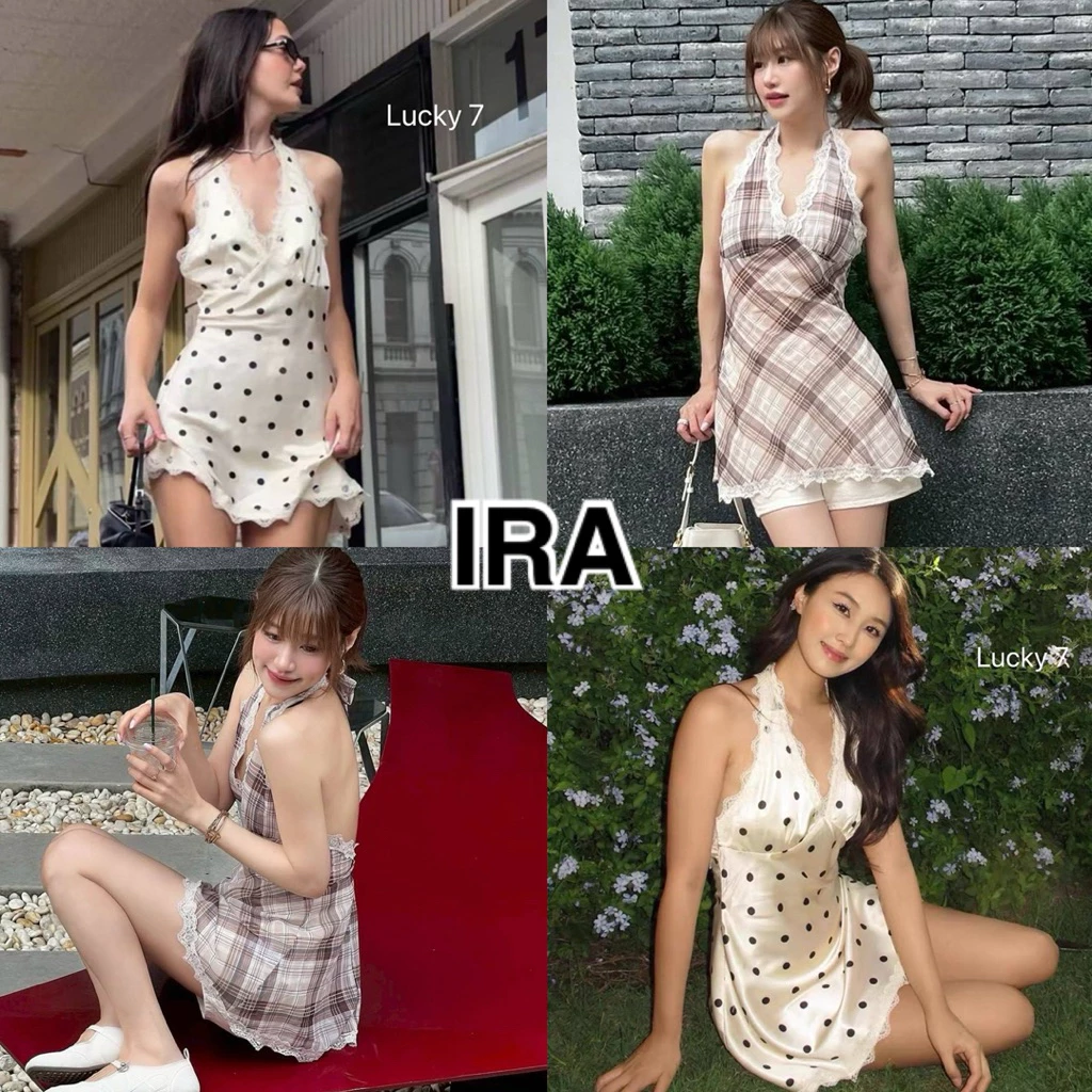 BY IRA ⭐️พร้อมส่ง⭐️ Bowie Minidress ชุดมินิเดรสซาตินลายจุดแฟชั่นผู้หญิงใหม่ คอวี ที่มีขอบลูกไม้ ♥ ♥