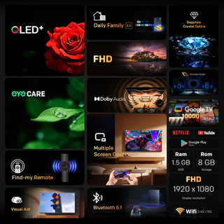 [ประกัน3ปี] SKYWORTH 43 นิ้ว Google TV ทีวี Full HD QLED+ Dolby Audio Eye Care รุ่น 43Q60 รองรับNetflix โหลดแอพได้ Wifi
