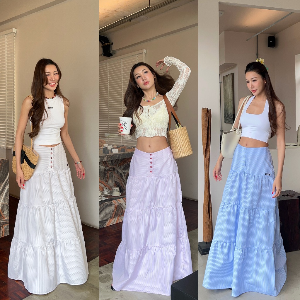 memade. กระโปรงยาวระบายชั้นๆ กระโปรงขนมชั้น myra maxi