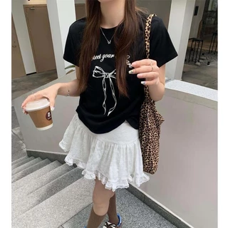 G01-09 เสื้อยืดสีดำ แขนสั้นพิมพ์ลายโบว์ดำ สุดน่ารัก แนวเกาหลี หลายไซส์ ผ้านิ่มสวมใส่สบาย ใส่ได้ทุกโอกาส ราคาถูก