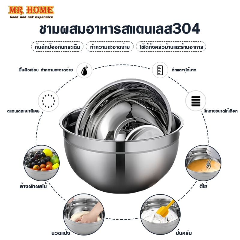 ชามสแตนเลส 304 กะละมังสแตนเลส ภาชนะสแตนเลส ชามผสม ชามผสมแป้ง ชามผสมอาหาร โถผสมแป้ง โถผสมอาหาร (8ขนาด)