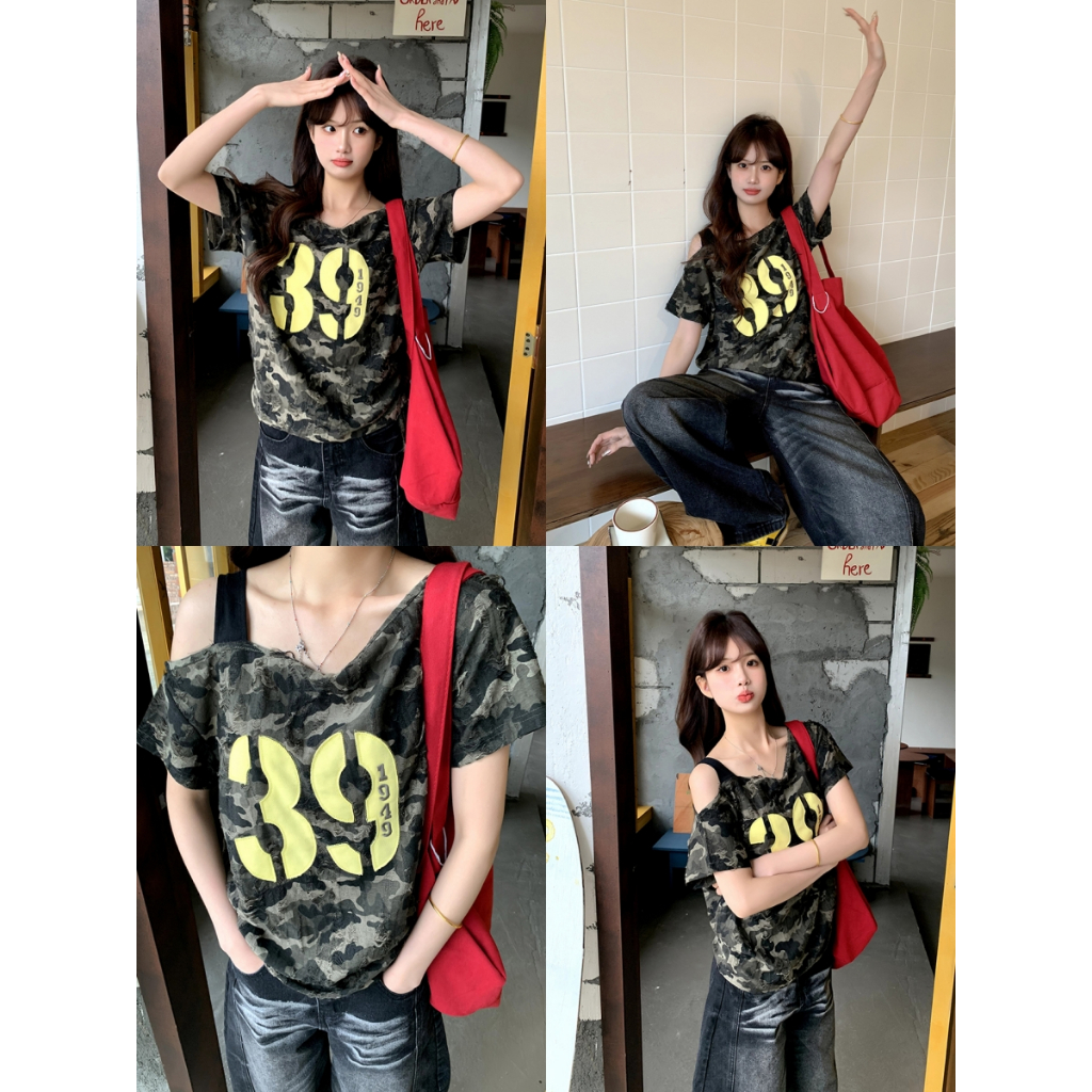 เสื้อยืดผู้หญิง เสื้อเปิดไหล่ ลายทหาร รูดเชือกด้านข้าง ทรงหลวม เเท่มาก #22343