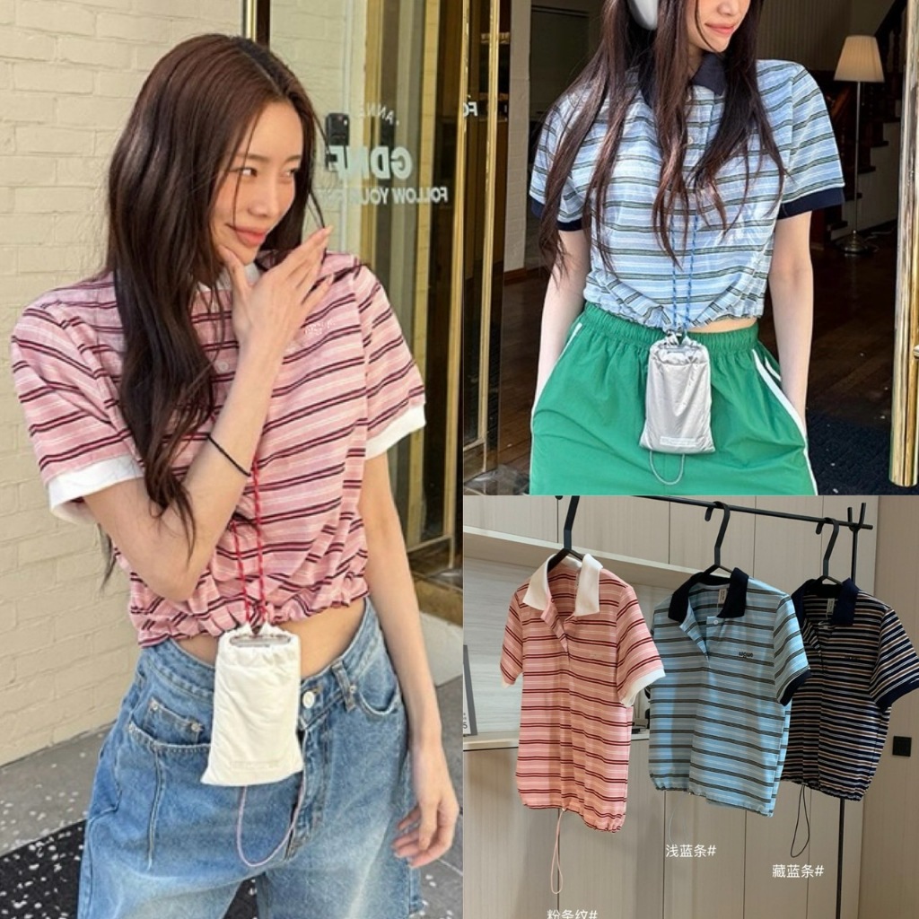 🧡🧵 🇰🇷 W6483 เสื้อแขนสั้นคอปก ลายขวาง ชายเสื้อรูดเชือกได้ สีตัดกันสวยทุกสีเลยนะค่า แฟชั่นเกาหลี TAG WG.WE 🧵🧡