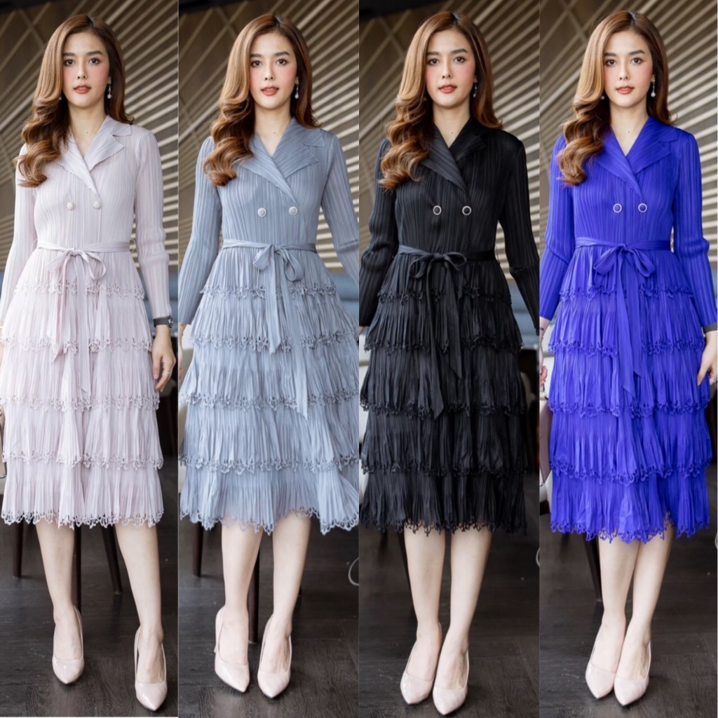 Cutie Minute PD04525 อัดพลีท มาพร้อมงานฉลุที่ปลายกระโปรง งานแต่งดีเทลด้วยพู่เป็นชั้นๆ ปกคอเทเลอร์