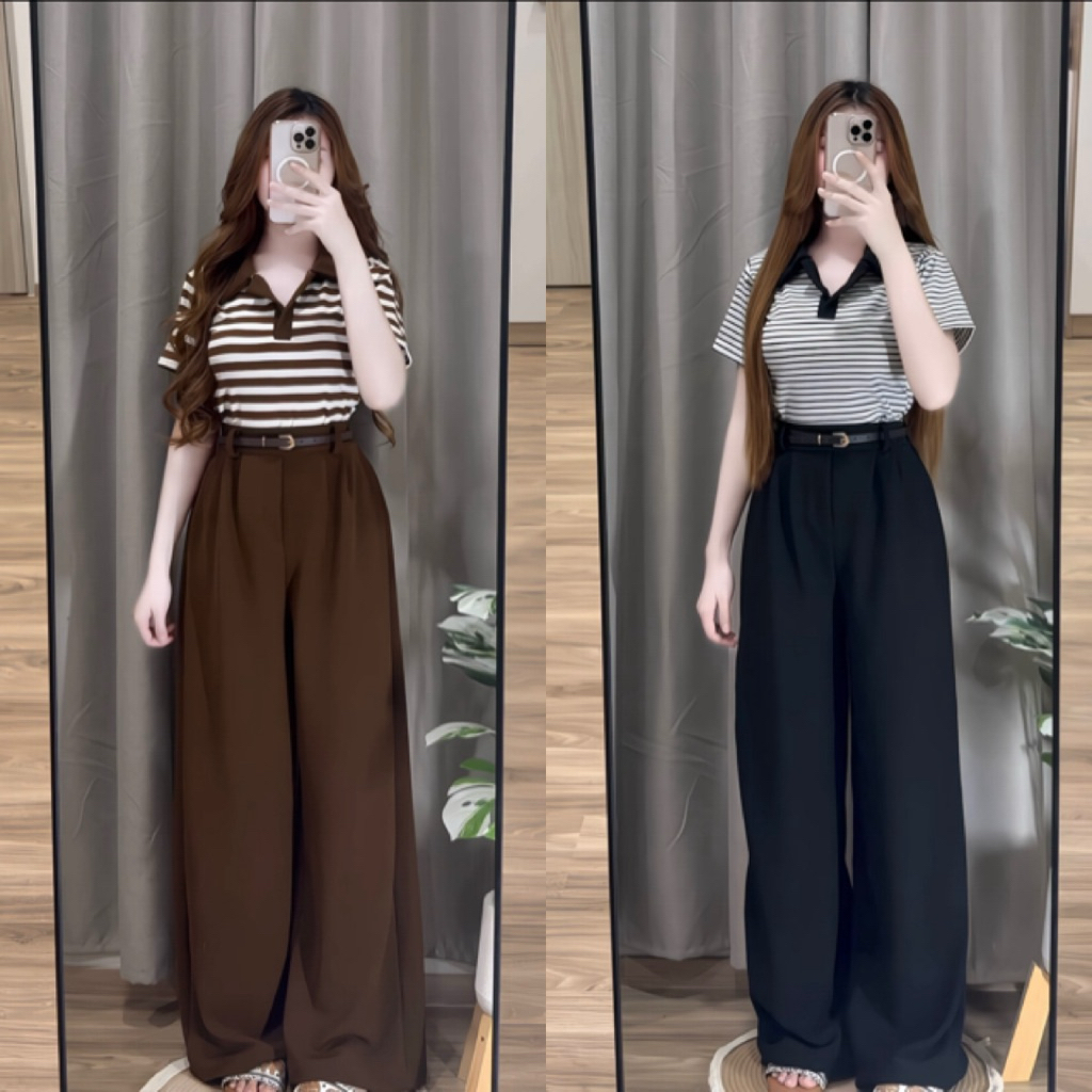 ชุดเซต 3 ชิ้นสุดคุ้มคอปกลายริ้วขายาวมาพร้อมเข็มขัด เนื้อผ้าหนาอย่างดี