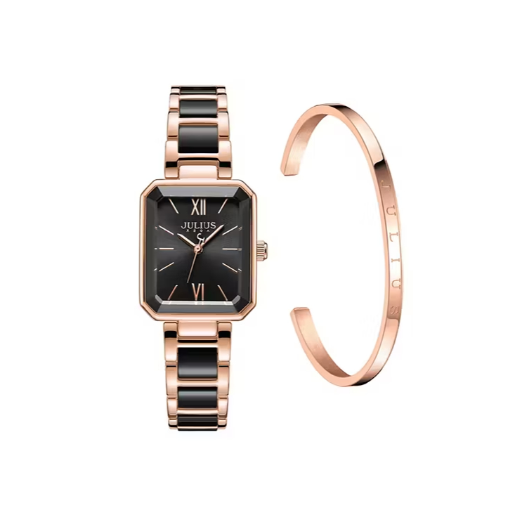 นาฬิกาข้อมือผู้หญิง JA-1273 D สีโรสโกลด์ดำ + กำไล JSB-078 B สีโรสโกลด์  นาฬิกาแบรนด์ Julius