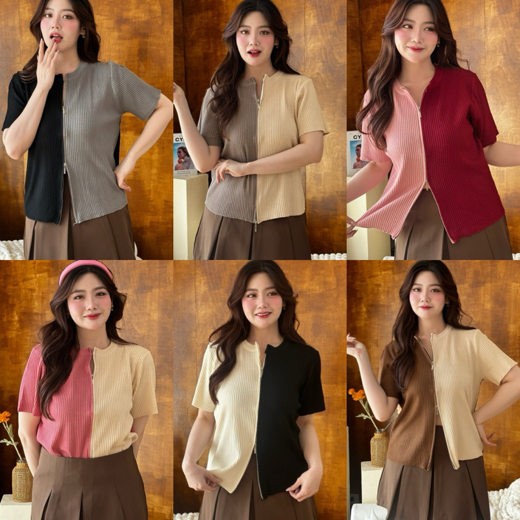 Two Tone Zip Top 🧤 เสื้อผ้า knit 2 tone ซิปรูดได้ทั้งล่าง-บน