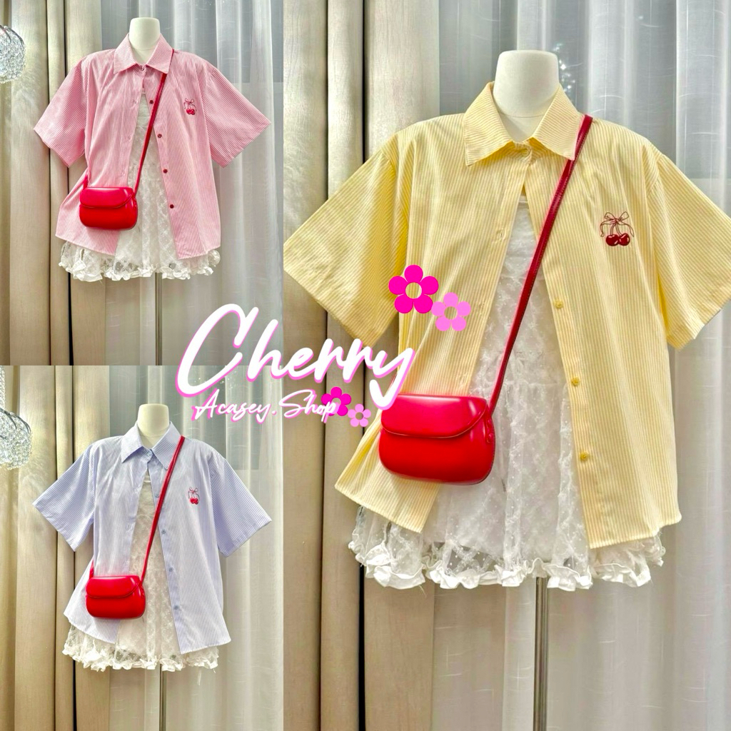 Acasey เสื้อเชิ้ตแขนสั้น ปักลายเชอรี่ ใหญ่ อก 44นิ้ว