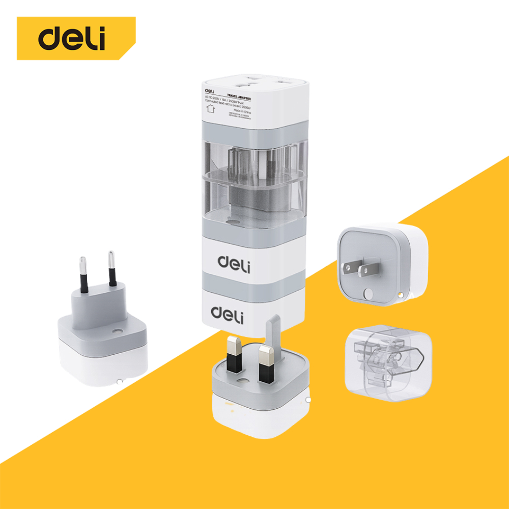 Deli เซทปลั๊กแปลงขา 3ชิ้น อแดปเตอร์แปลงขาปลั๊ก พกพาสะดวก EU US UK กำลังไฟ10A 2500W Universal Adapter