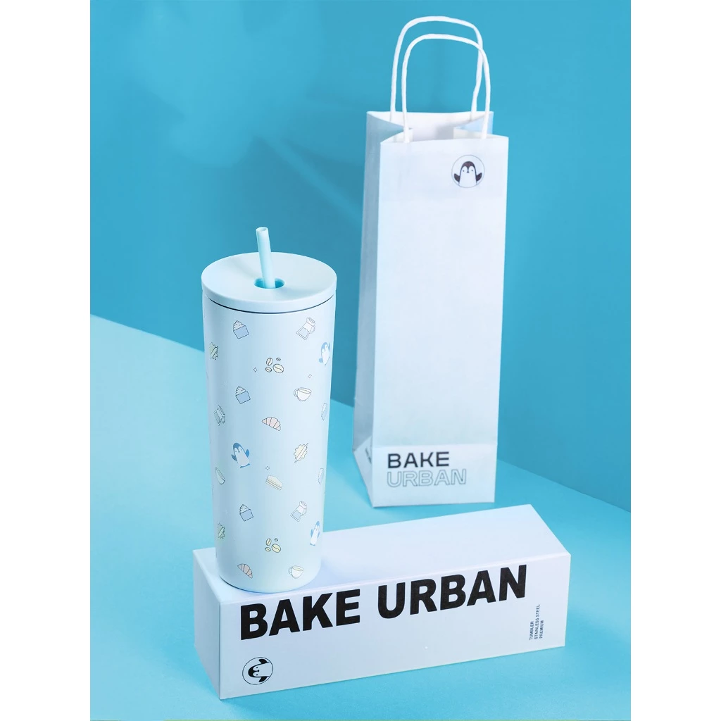 Bake Urban แก้ว Tumbler Stainless Steel Premium ลายปังกวิ้น สีฟ้า ขนาด 710 มล. (สินค้าพร้อมส่ง)